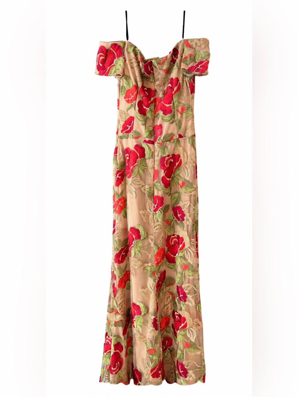 David Meister Beige Mesh Dress with Red Rose Embroidery